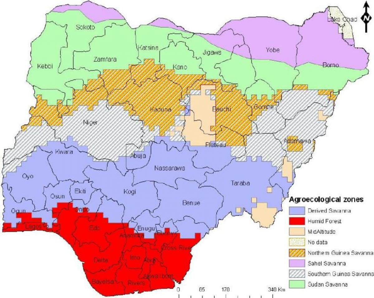 วาดแผนที่ของไนจีเรียแสดงค vegetation โซน