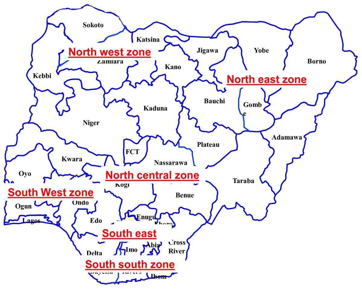 แผนที่ของไนจีเรียแสดงห geopolitical โซน