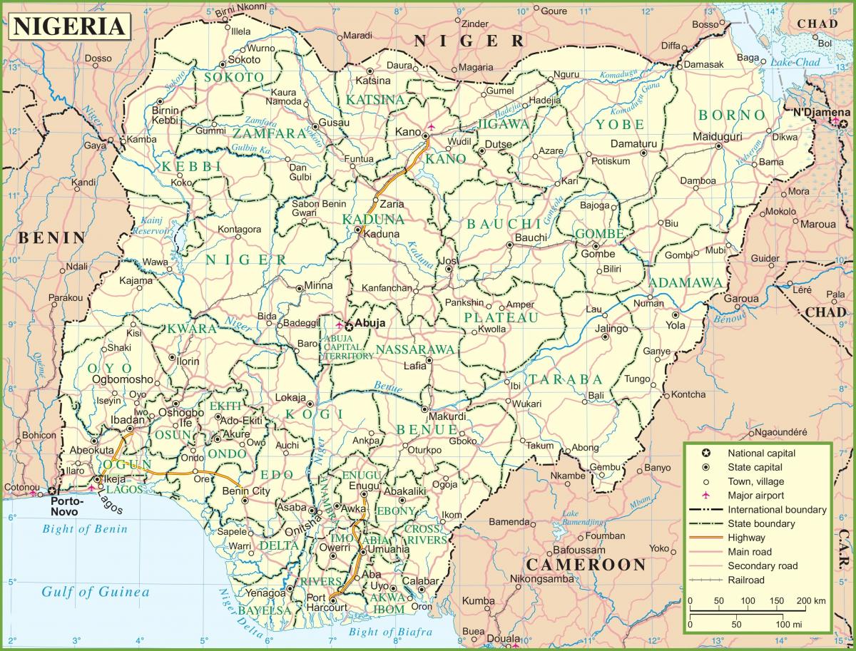 แผนที่ของไนจีเรียแสดงผู้พันถนน