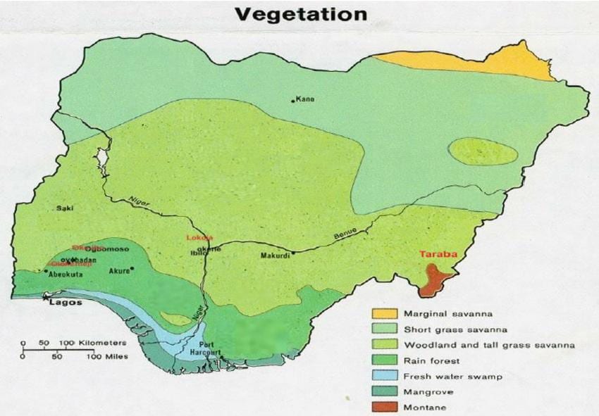 แผนที่ของไนจีเรียแสดงค vegetation