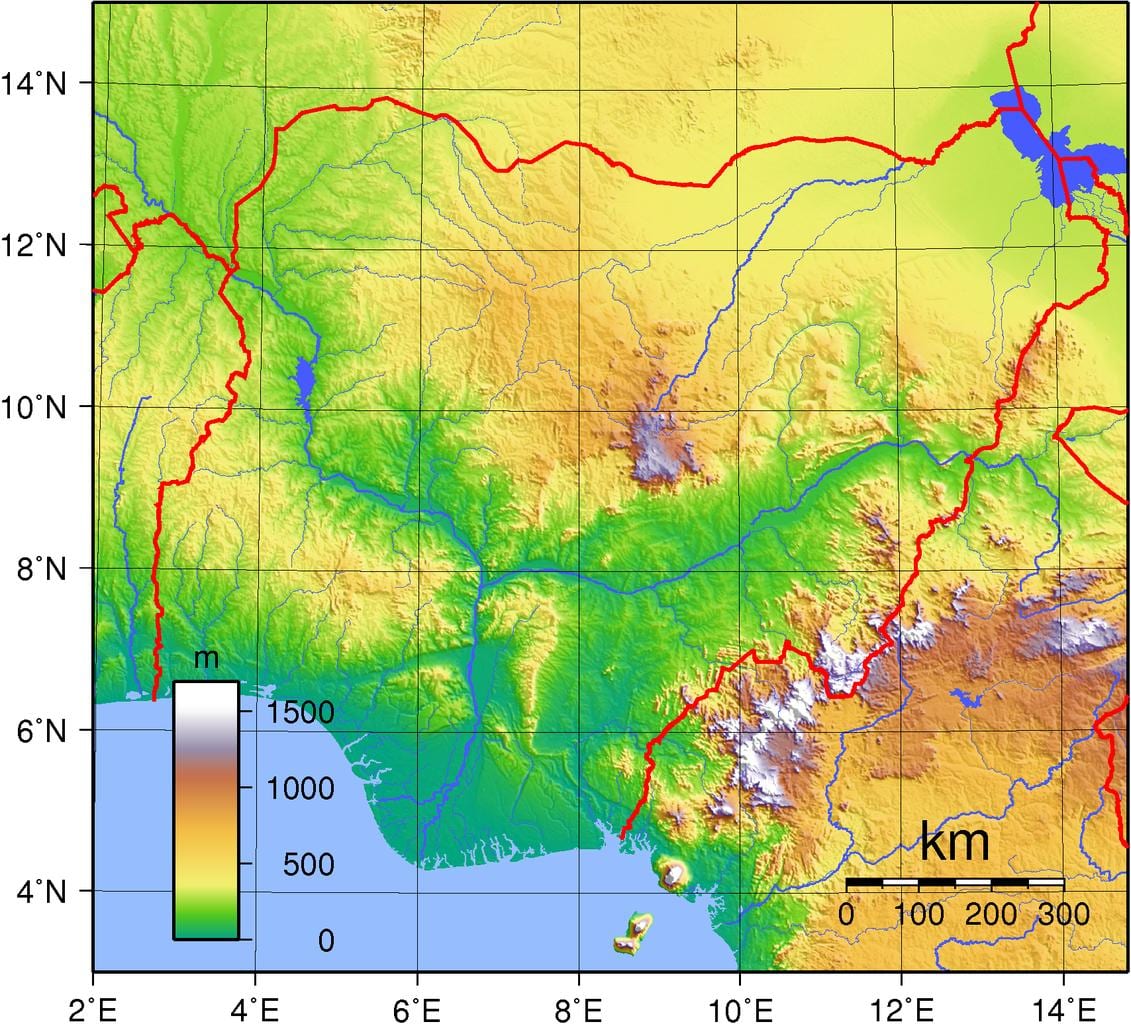 แผนที่ของไนจีเรีย topographic