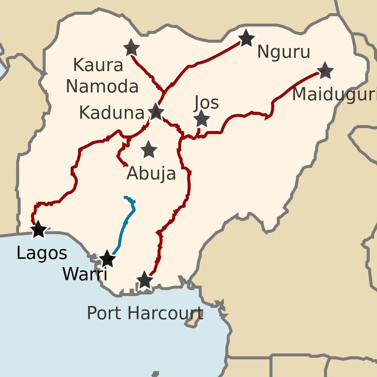 แผนที่ของไนจีเรียแสดง railway บรรทัด