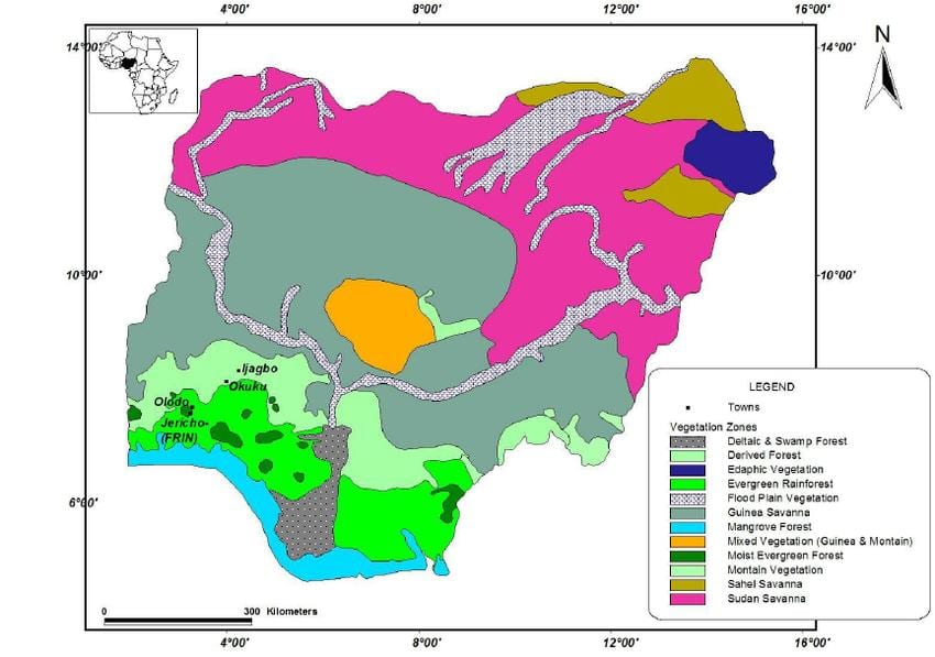แผนที่ของไนจีเรียแสดง vegetation